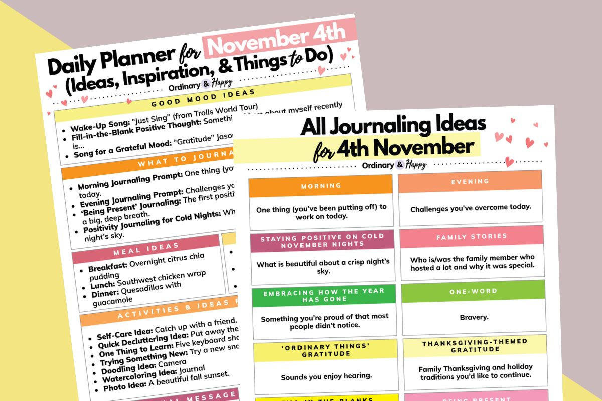 a november 4th daily planner and journaling ideas sheet displayed, one overlapping the other, on a light red grey and yellow background
