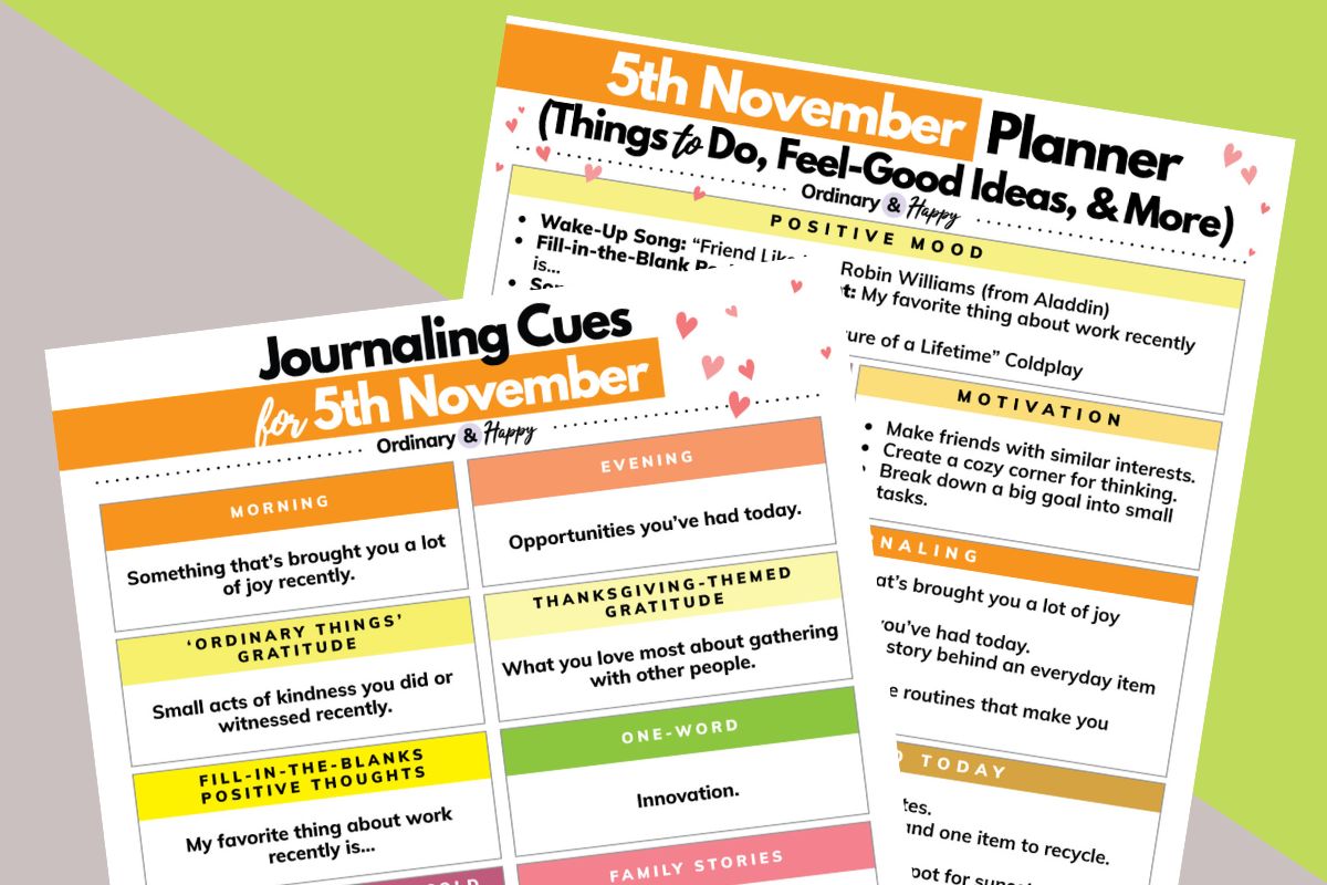 a daily planner and journaling ideas sheet for november 5th displayed one overlapping the other on a yellow green and light pink 2-color background