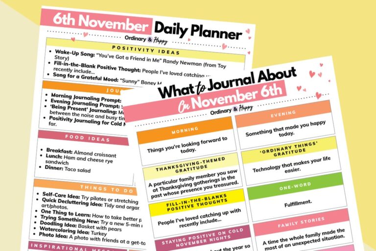 daily planner printable and journaling prompts printable for november 6th displayed overlapping each other on a 2-color yellow and pale yellow background
