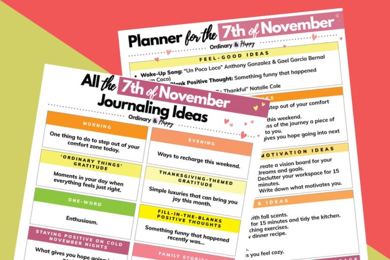 november 7th daily planner and journaling prompts sheet displayed overlapping each other on a diagonal gold and red background