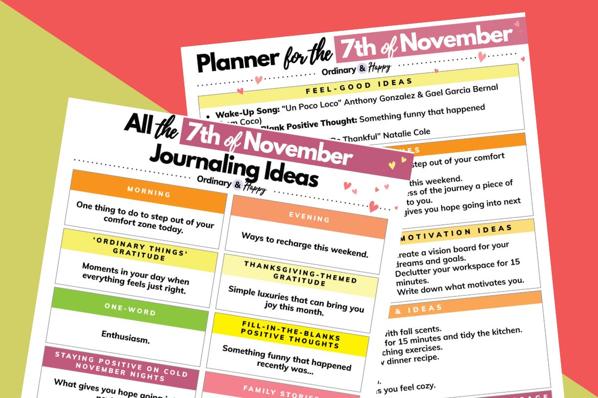 november 7th daily planner and journaling prompts sheet displayed overlapping each other on a diagonal gold and red background