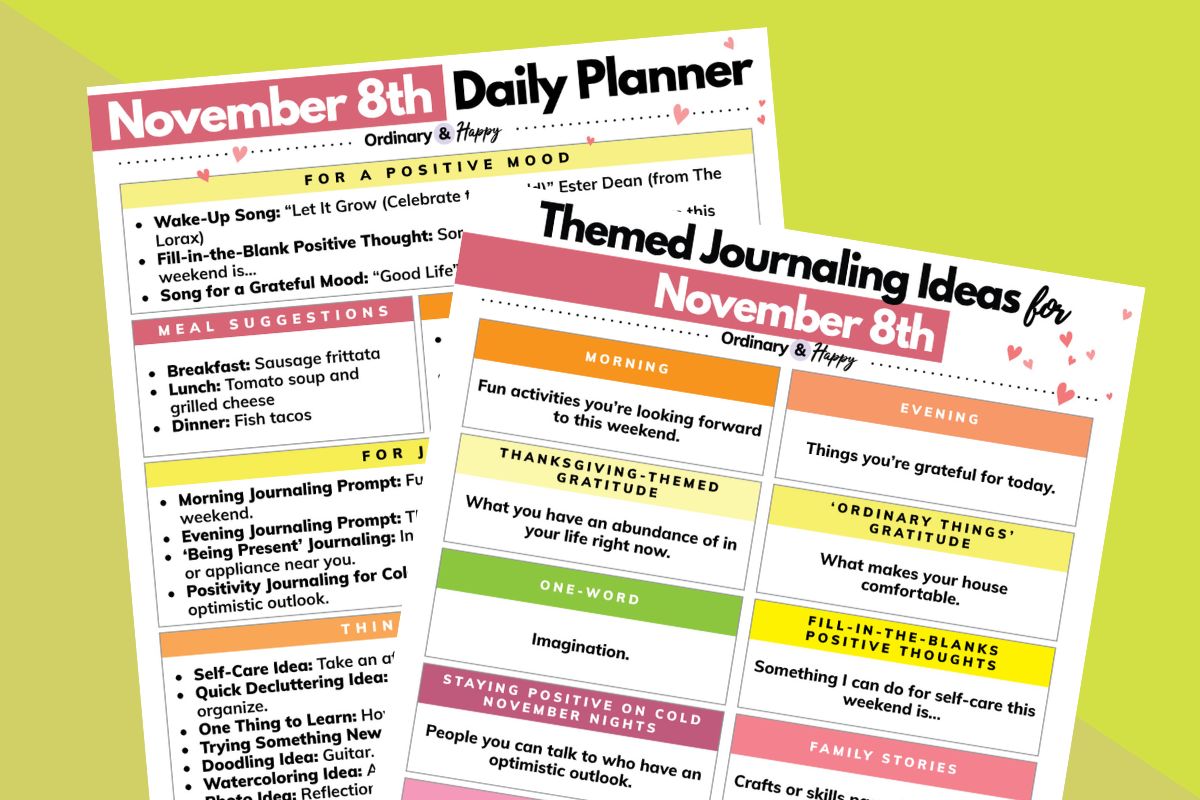 a november 8th daily planner printable and a november 8th journaling ideas sheet one overlapping the other placed on a yellow and orange background