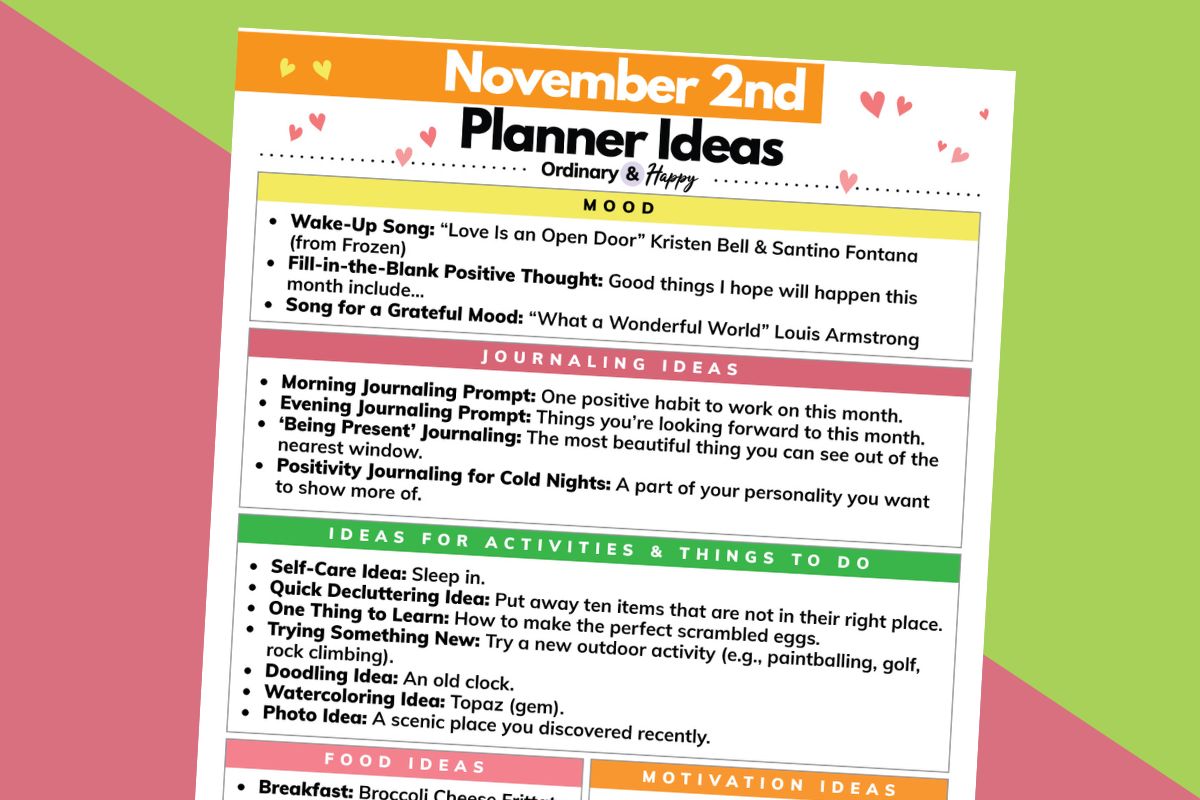 november 2 daily printable planner displayed on a pink and green background
