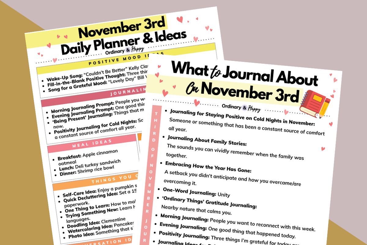 november 3rd daily planner and journaling sheet printables one overlapping the other displayed on a light red and orange 2-color background