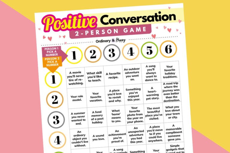 positive conversation printable with 36 numbered topics on a grid-based printable displayed on a yellow and pink background