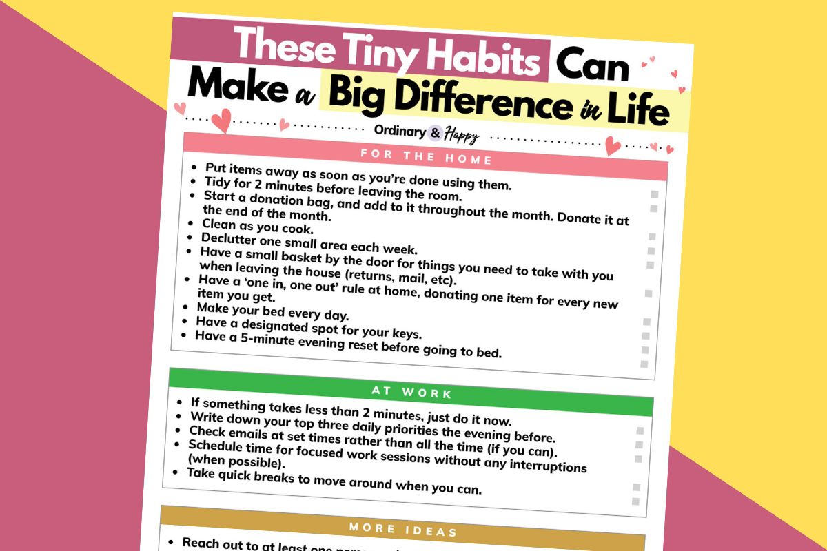 printable listing 25 tiny habits that can make a big difference laid out on a diagonal 2-color pink and yellow background