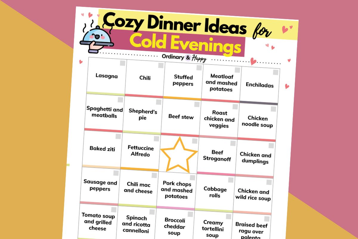 printable list of cozy food ideas for cold evenings displayed on a diagonal 2-color red and orange background