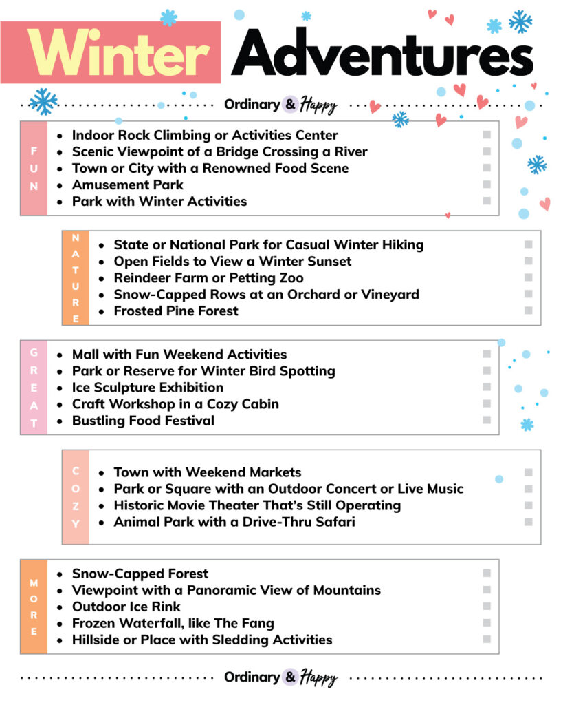 winter adventure ideas in 5 sections