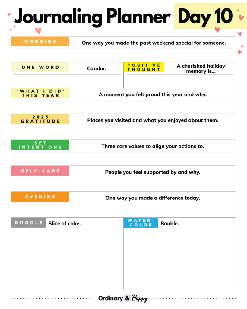journaling planner printable for december 10th with 7 journaling ideas and 2 boxes for watercoloring and doodling