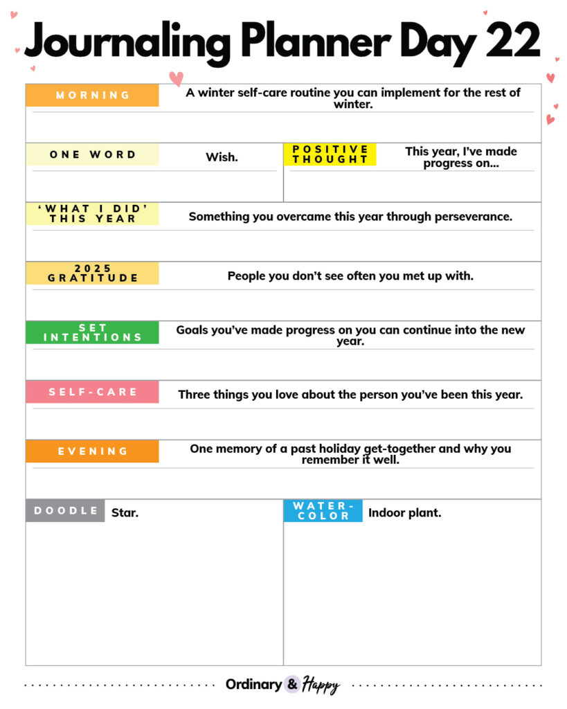 journaling planner for december 22nd with 7 journaling prompts to answer, a doodling idea with space, and a watercoloring idea with space