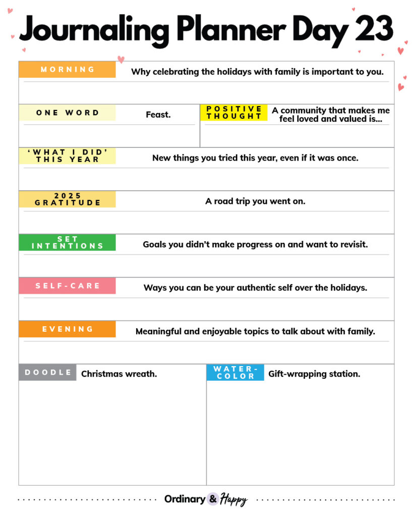 journaling planner for december 23rd with 7 journaling prompts to answer and one painting and one doodling box