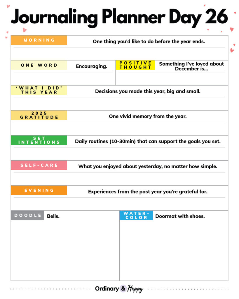 journaling planner worksheet for december 26th with 8 journaling prompts and 2 drawing and painting prompts to fill in the blanks for