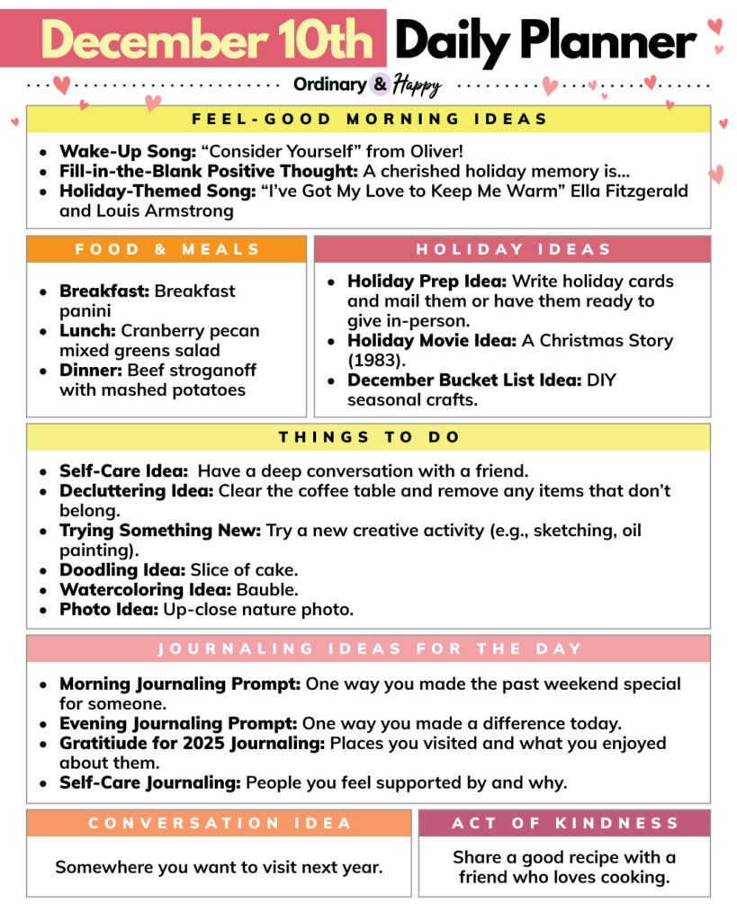 daily planner for december 10th with 7 sections for different areas of life and listed ideas