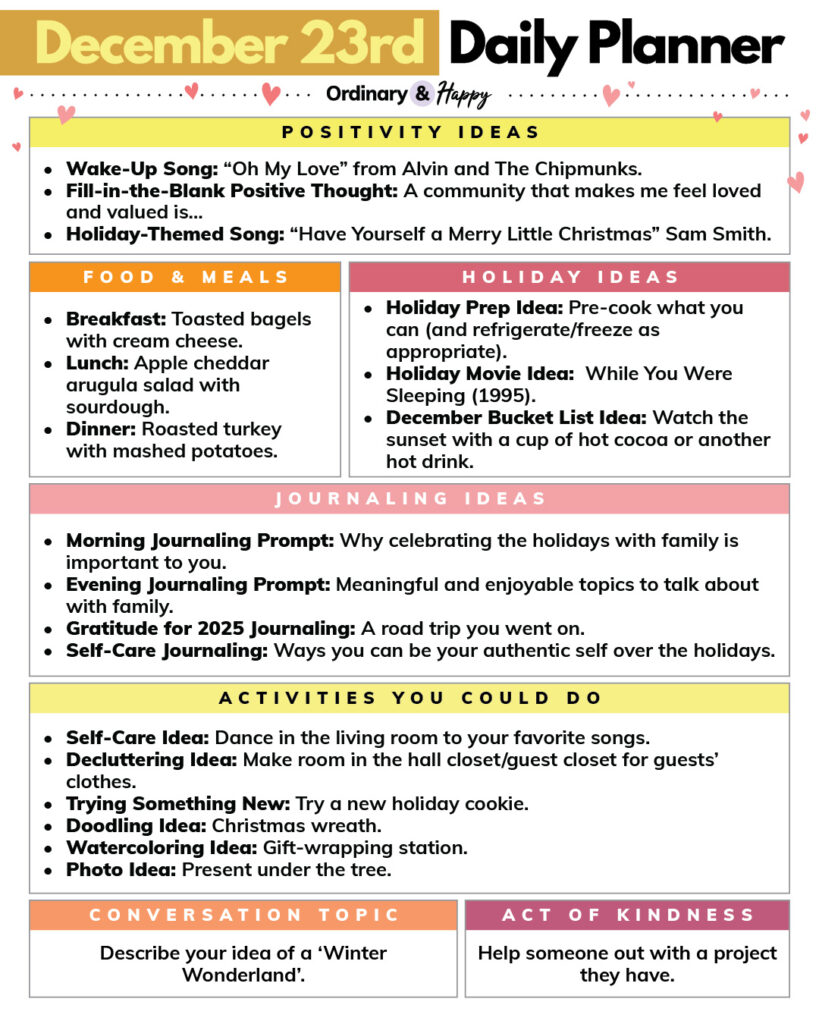 december 23rd planner with listed ideas for 7 different areas of life in color-coded boxes