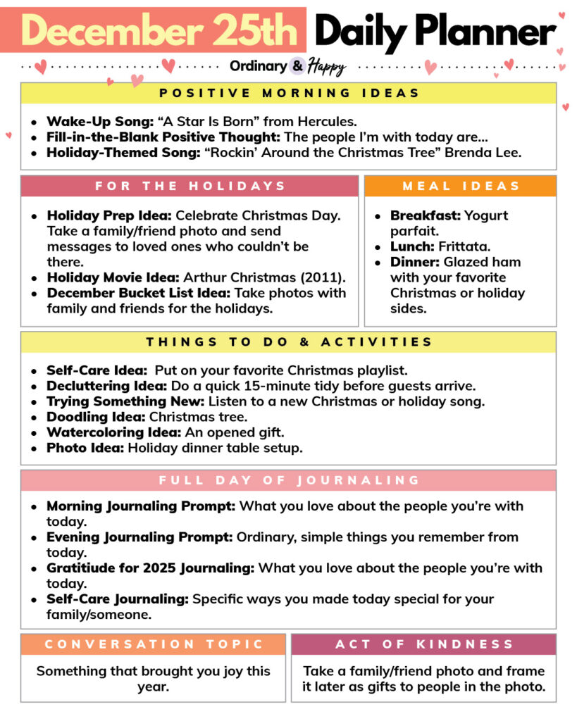 daily planner for december 25th displayed in listicle format with ideas in 7 color-coded boxes for different areas of daily life