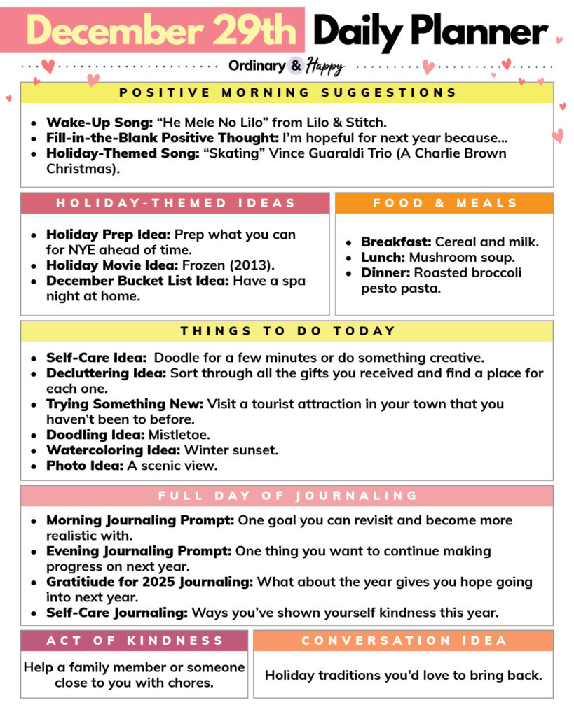 Daily planner for December 29th (ideas in the article).