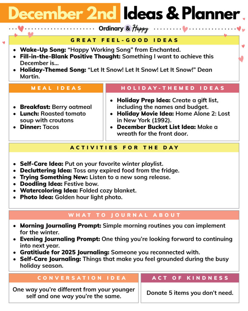december 2nd daily planner with a selection of listicle suggestions for holiday prep, positivity, food, activities, journaling, conversation, and kindness