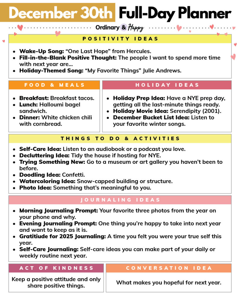 December 30th Daily Planner with ideas (find the ideas in the article)