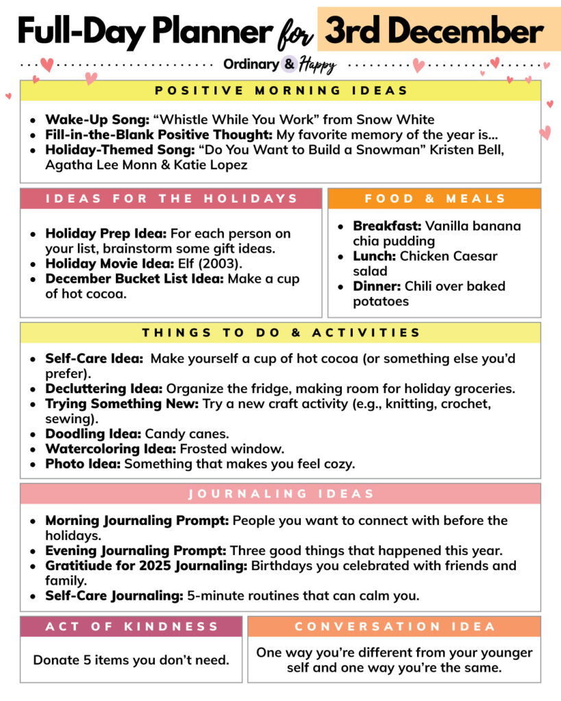 december 3rd daily planner with listicle ideas for 7 areas of life