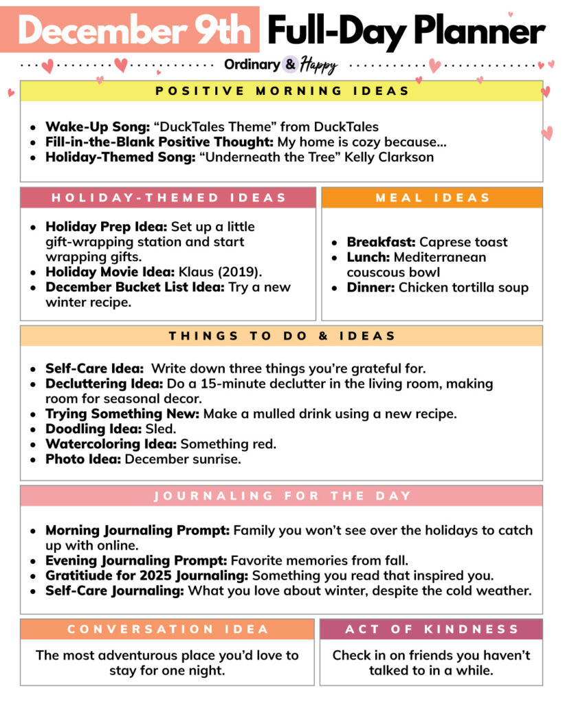 daily planner for december 9th with 7 color-coded sections with ideas for different areas of life
