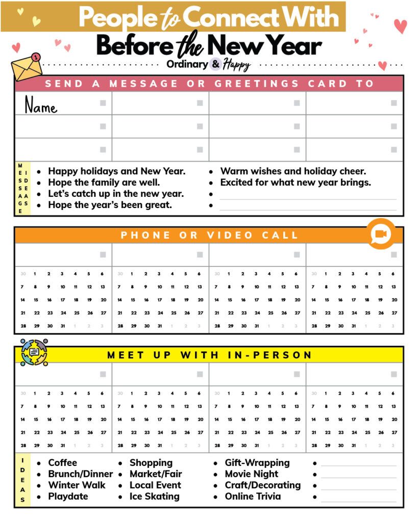 planner for identifying who to connect with over the holidays with 8 spaces and ideas for messaging, 4 spaces and calendars for phone calls, and 4 spaces and mini calendars for meeting up in person