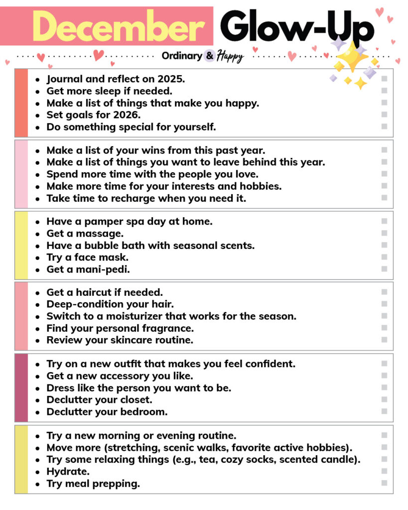 december glow up ideas listicle displaying 30 ideas on a white background
