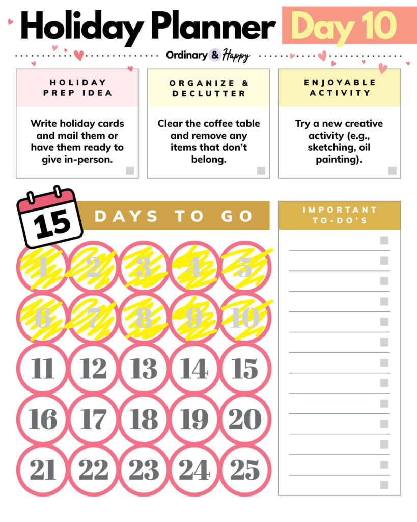 holiday planner for december 10th with a 25-day countdown, to-do list, and ideas for the day