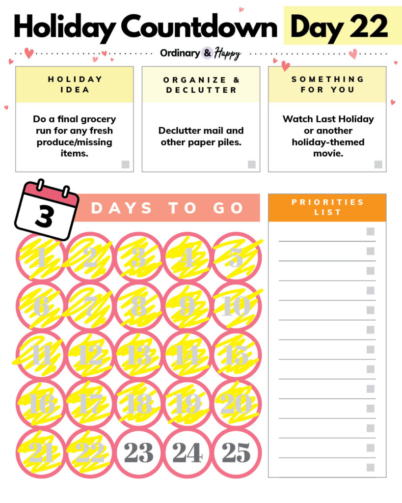 holiday countdown planner for december 22nd printable showing a countdown with 3 days to go, blank to-do list, and 3 ideas for the day