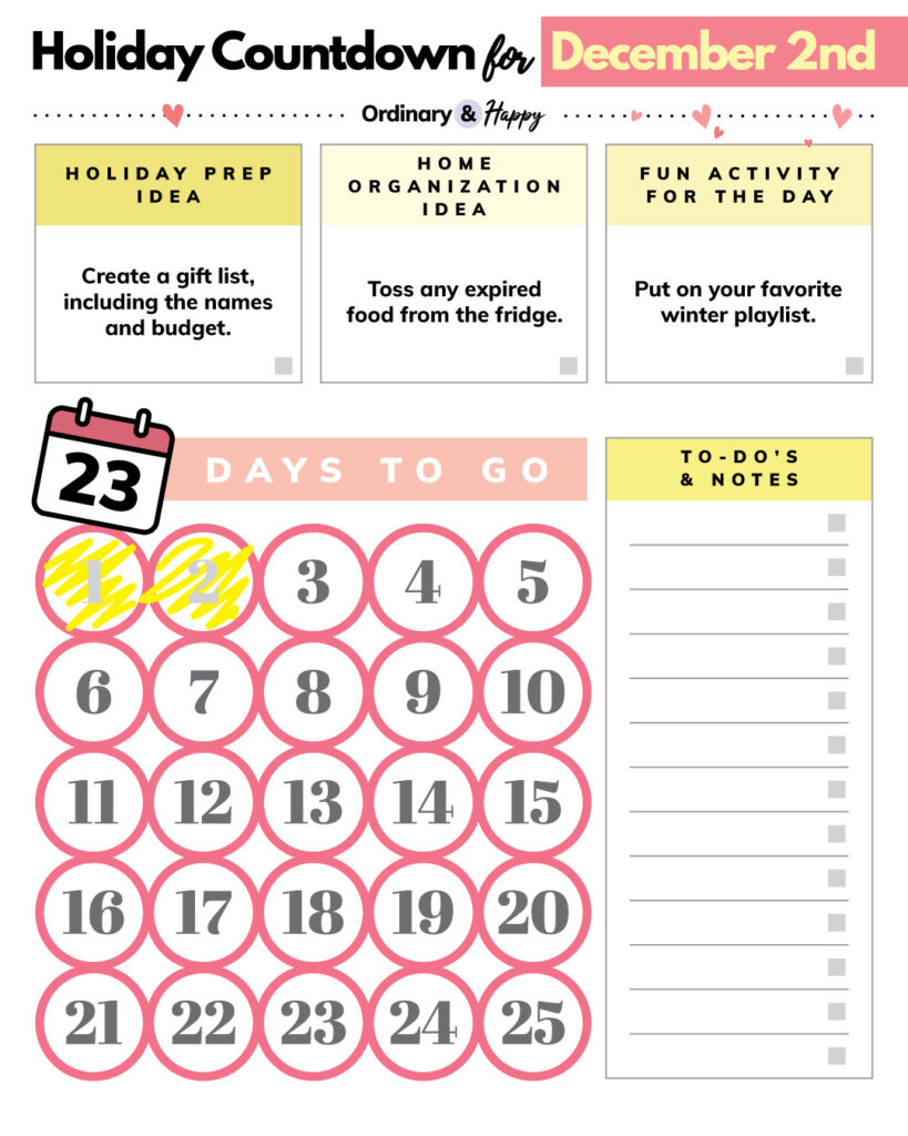 holiday countdown for december 2nd worksheet including 3 ideas for things to do in boxes and a countdown with the first 2 days of 25 days of december marked off