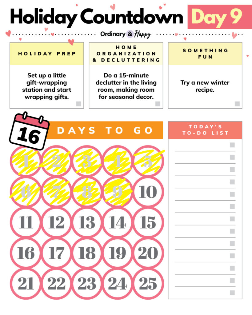 holiday countdown day 9 planner with a countdown section, to-do list, and ideas
