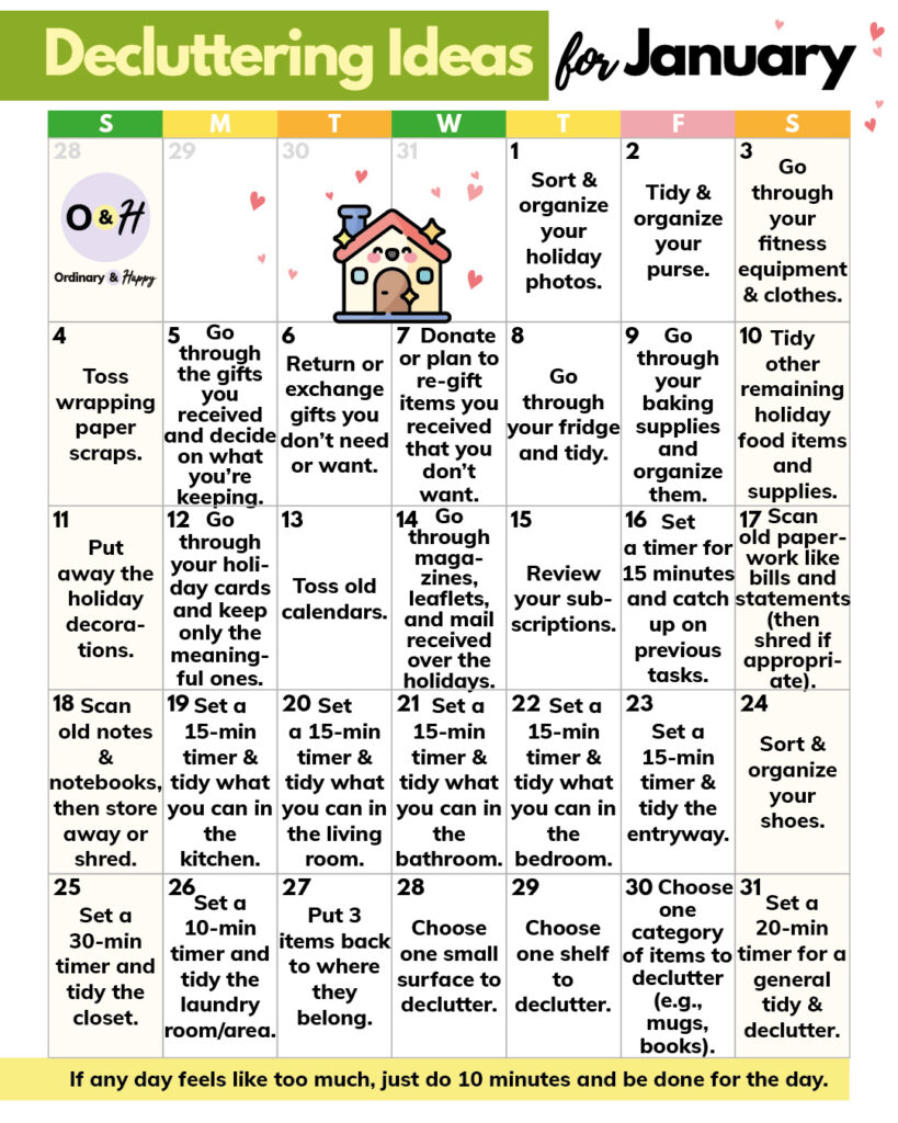 31 decluttering ideas displayed in a 7x5 grid calendar with color-coded days of the week for the month of january