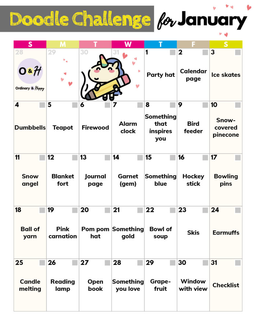 january calendar of 31 doodling ideas for the month displayed in a list format in a 7x6 grid