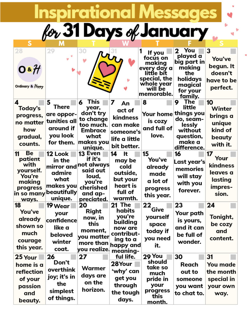 selection of 31 daily inspirational messages for january displayed in calendar format