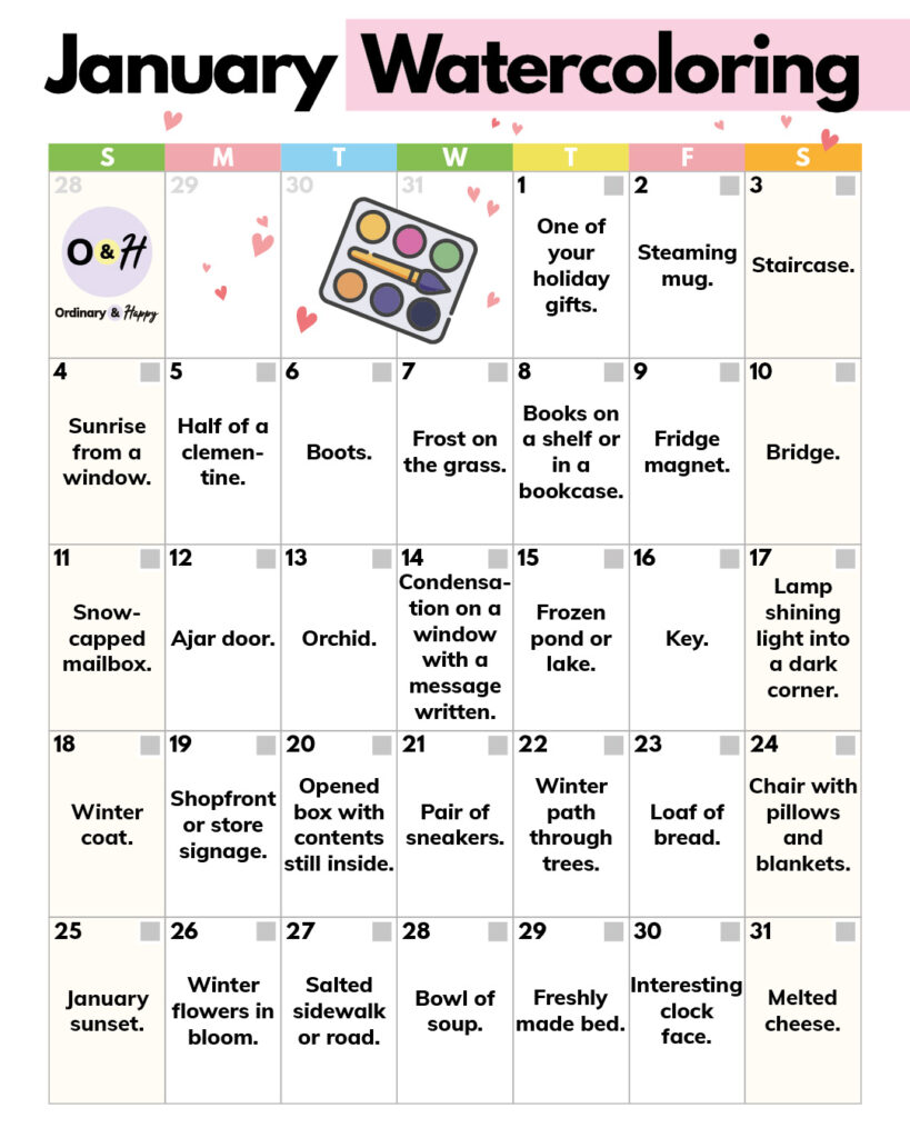 full month of watercoloring ideas for january displayed in a 7x5 grid calendar with color-coded days of the week and checkboxes for the individual ideas
