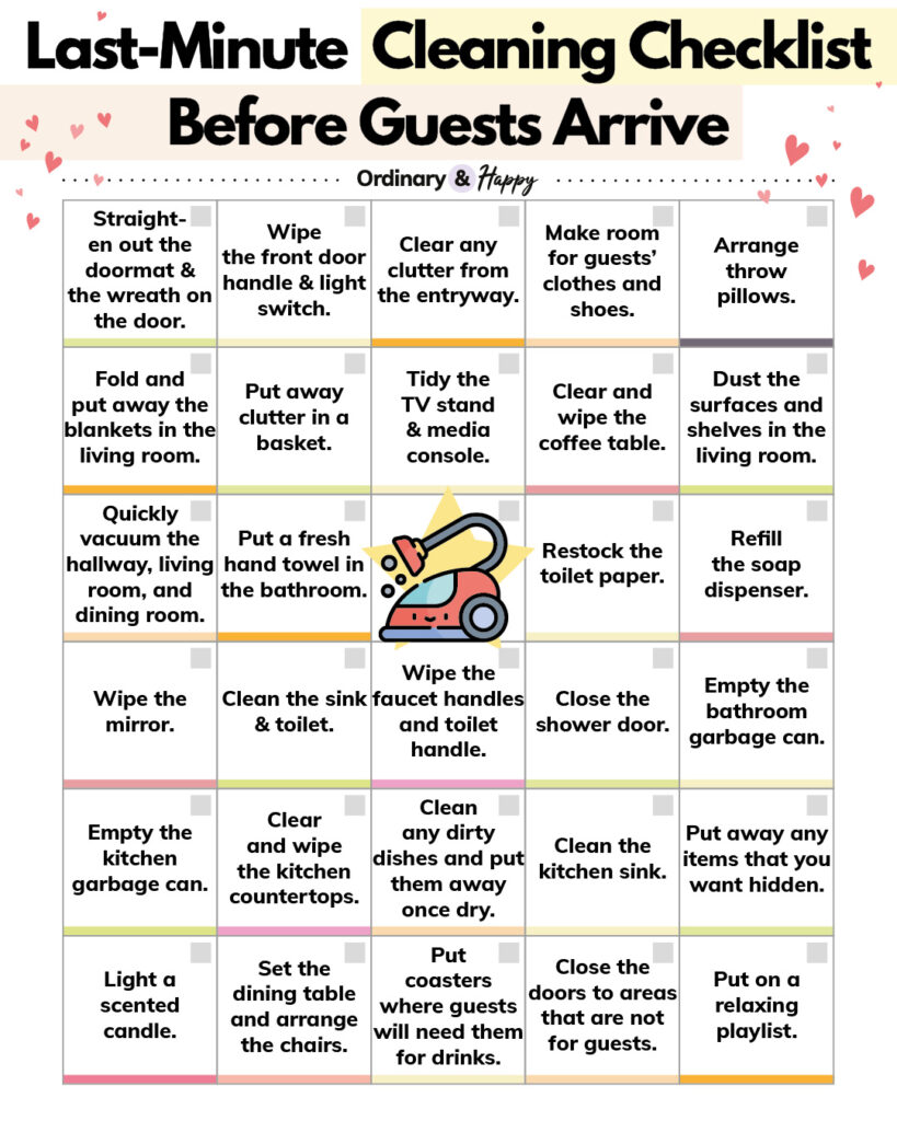 selection of 29 last-minute cleaning ideas before guests arrive in a 5x6 grid format