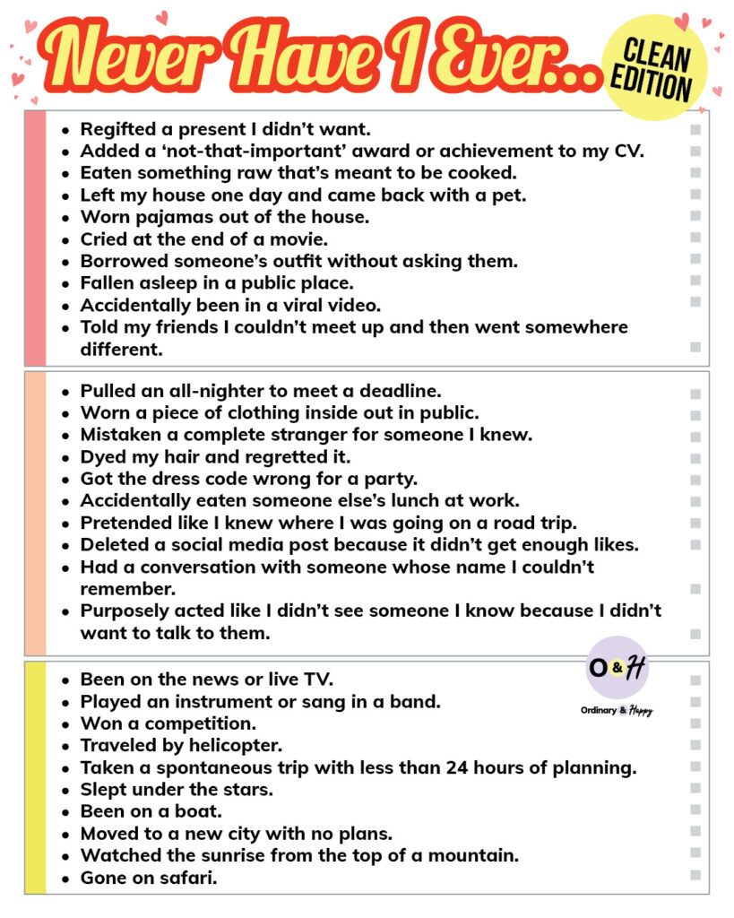 30 clean and family friendly 'never have i ever' questions in listicle format