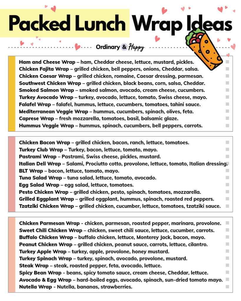 selection of 30 packed lunch wrap ideas in listicle format including the names of the wraps and ingredients for each one
