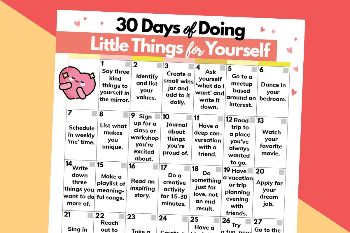 calendar of 30 days of doing little things for yourself titled displayed on an orange and red 2-color background