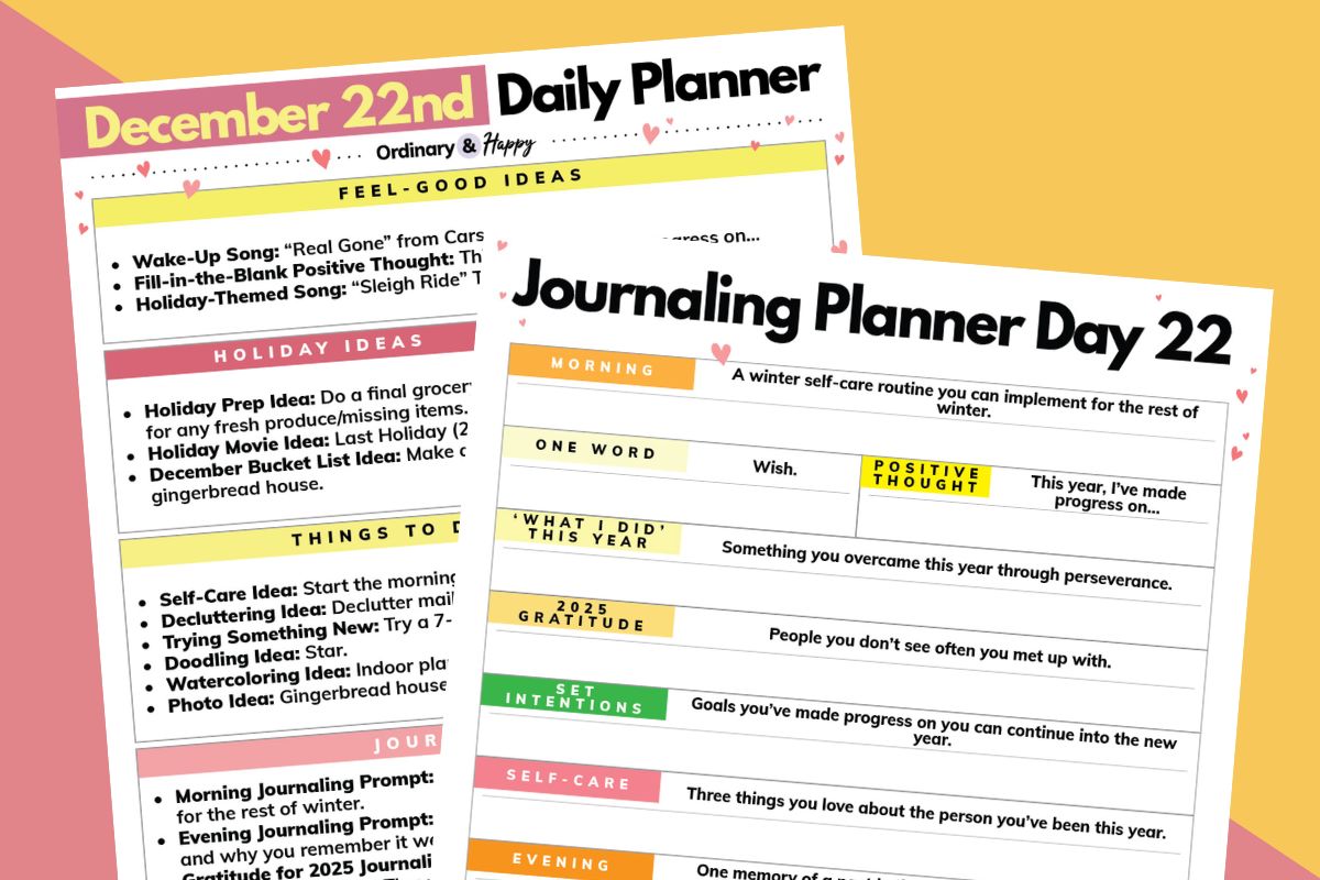 december 22nd daily planner and journaling planner displayed overlapping on an orange and red 2-color background