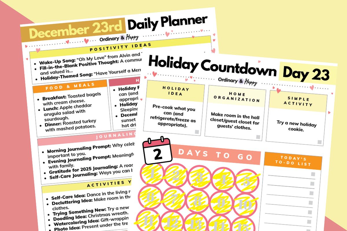 december 23rd daily planner and holiday countdown planner displayed overlapping on a light yellow and light red 2-color background