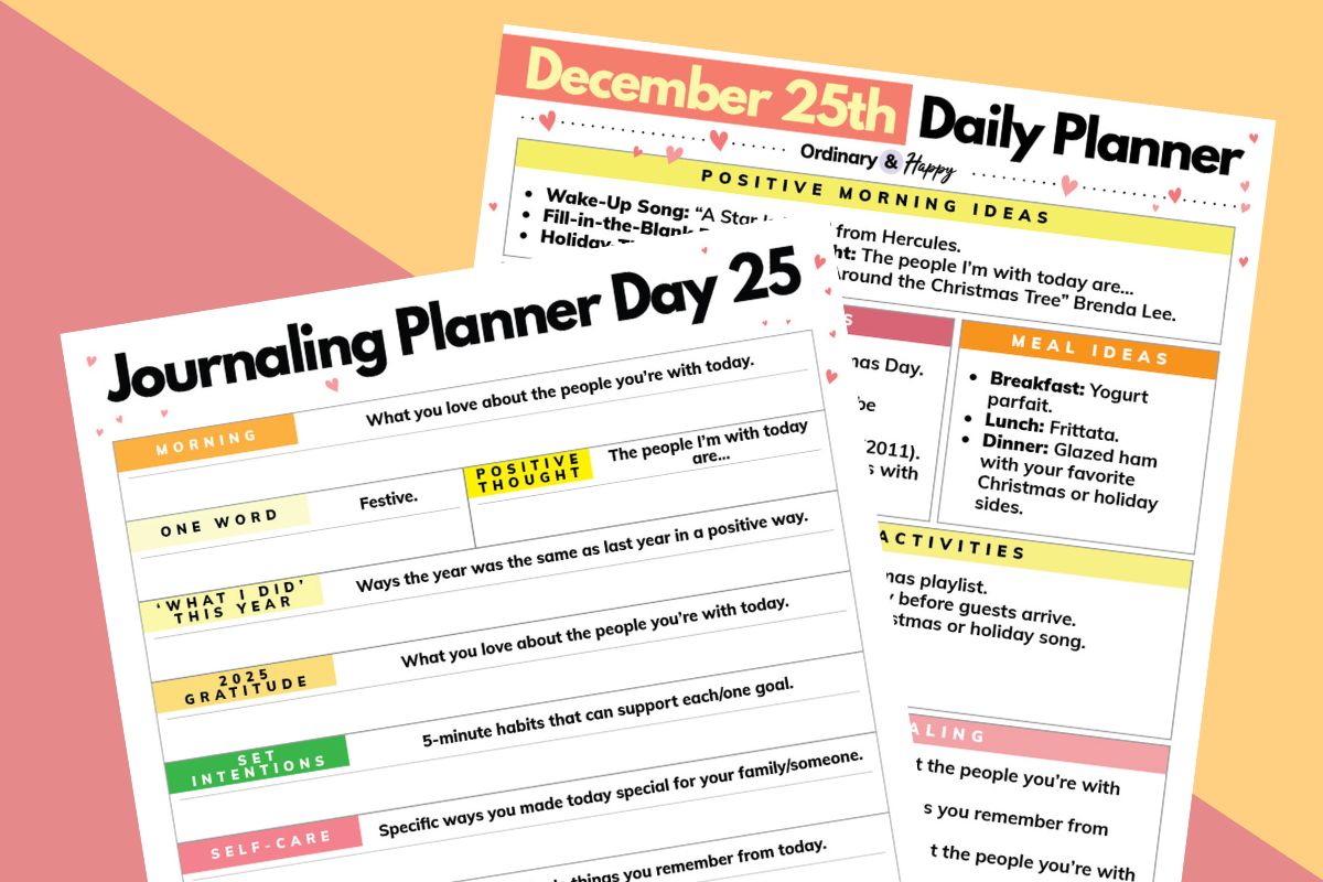 December 25th daily planner and journaling worksheet displayed on a diagonally split 2-color orange and red background