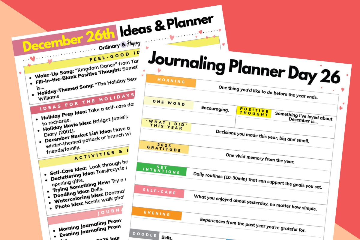 december 26th planner and journaling worksheet displayed overlapping on a red and light red 2-color diagonal background