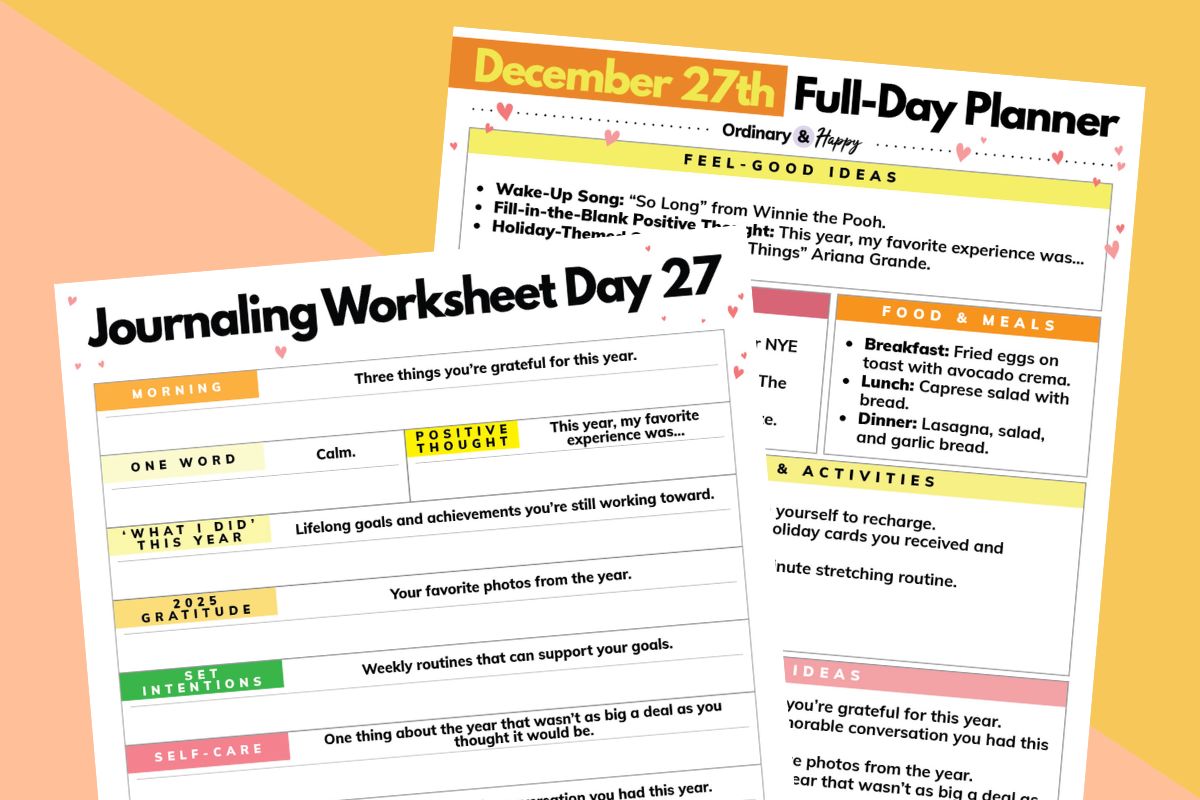 daily planner for december 27th and a journaling worksheet on a 2-color orange and light red background