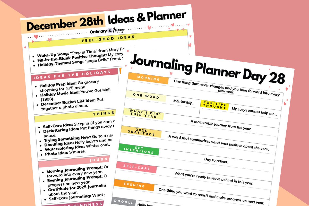 december 28th planner and journaling worksheet on an orange and red background