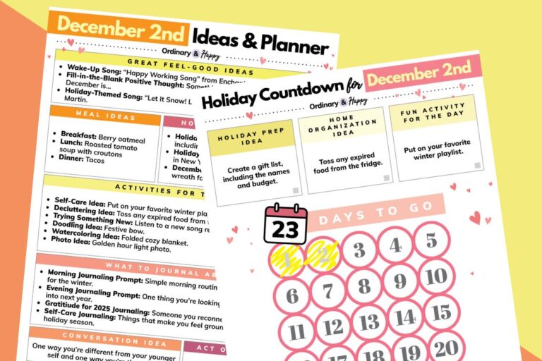 december 2nd daily planner printable and holiday countdown printable displayed overlapping each other on an orange and yellow 2-color background