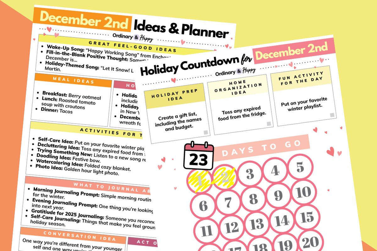 december 2nd daily planner printable and holiday countdown printable displayed overlapping each other on an orange and yellow 2-color background