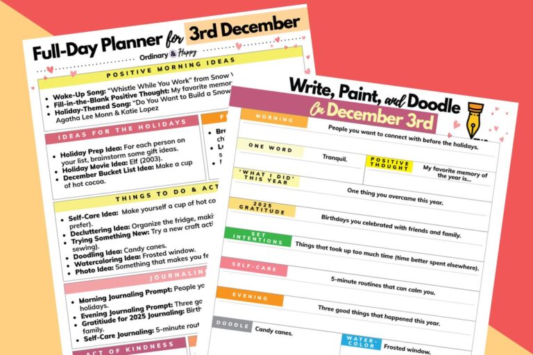 december 3rd daily planner and journaling worksheet on a red and yellow block color background