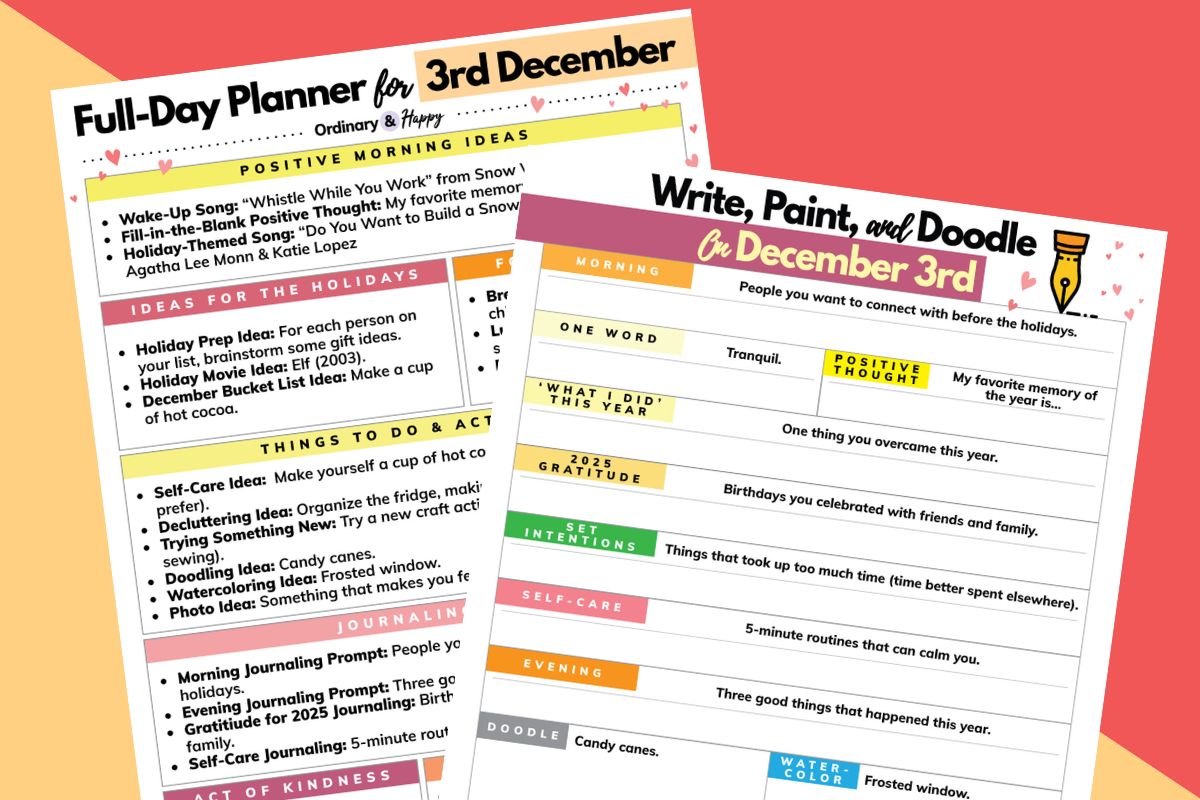 december 3rd daily planner and journaling worksheet on a red and yellow block color background