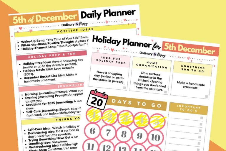 daily planner and holiday planner for december 5th printables displayed on an orange and yellow 2-color background