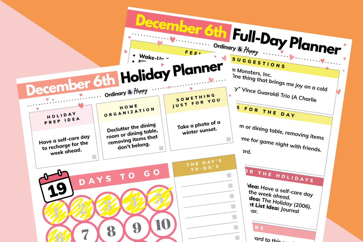 december 6th holiday planner printable and daily planner displayed on a pink and orange background with one overlapping the other